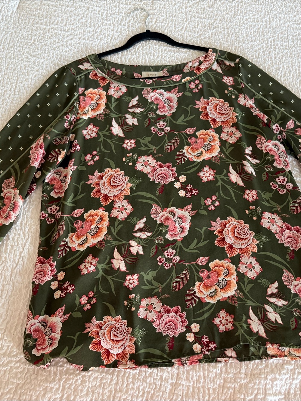 LOFT Olive Floral Boatneck Blouse with Pink Blooms
